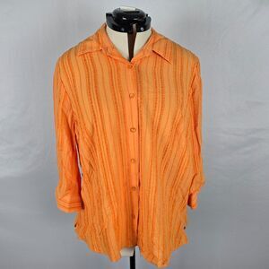 CJ Banks Blouse Women's 1X Orange Striped Button Down 3/4 Sleeve Collar NWT